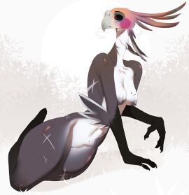 2024 anthro ass avian beak big_breasts bird birthmark breasts claws feathers female genitals glistening grey_body lying mammal markings nipples nude one_eye_closed parrot pussy scar solo thick_thighs true_parrot white_body yamorio