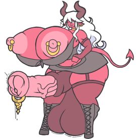 animal_genitalia_on_humanoid aplovestudio balls breasts devil futanari horns horsecock horsecock_on_humanoid hyper_balls hyper_breasts hyper_penis intersex partially_clothed penis pierced_nipples red_skin standing stockings white_hair