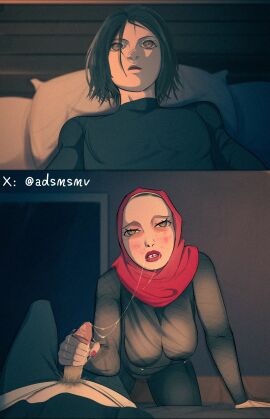 adtyaa aunt aunt_and_nephew big_breasts blush breasts busty chubby couple female fishnet fishnet_legwear fishnet_pantyhose fishnet_stockings fishnets handjob hijab lactating lipstick male older older_female older_female_and_younger_male penis sagging_breasts saliva saliva_drip saliva_on_penis saliva_string saliva_trail see-through_clothing thick_hips translucent_clothing udders