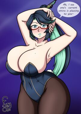 1girls armpits arms_up breasts cleavage dialogue female fury_o genshin_impact glasses large_breasts pointy_chin ponytail text xianyun_(genshin_impact)