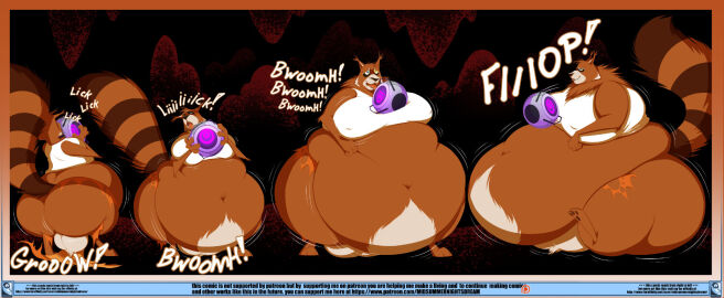 2016 anthro aperture_science balls belly big_balls bottomwear brown_body brown_fur clothing comic duo fur furry_tail genitals guardians_of_the_galaxy hi_res licking machine male mammal markings marvel marvel_comics midsummernightsdream morbidly_obese obese overweight pants procyonid raccoon ring_(marking) ringed_tail robot rocket_raccoon shirt slime slime_inflation sound_effects striped_markings striped_tail stripes tail tail_markings tank_top tongue topwear wardrobe_malfunction weight_gain