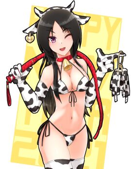 1girls bell bell_choker bikini black_hair breasts choker cow_ears cow_horns cow_print cow_print_bikini cow_print_gloves cow_print_swimsuit cow_print_thighhighs ear_tag elbow_gloves fake_animal_ears fake_horns female gloves holding_whip long_hair looking_at_viewer medium_breasts midriff navel nm_(tshell2761) original purple_eyes swimsuit thighhighs whip