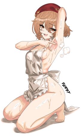 1girls apron apron_only armpits ass beret breasts brown_hair clio_aite feet female female_only flat_chest flat_hag fluffy_lotus hag hat kneeling mature mature_female naked naked_apron older_female phase_connect scar scar_on_face short_hair sideboob skin_fang small_breasts solo steam steaming_body steamy_armpits sweat thighs virtual_youtuber vtuber