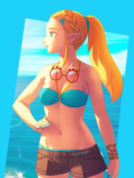1girls beach bellhenge bikini bikini_under_clothes blonde_hair blue_bikini blue_eyes blue_swimsuit bracer braid breasts breath_of_the_wild clouds female glasses glasses_removed hairclip hand_on_hip midriff navel nintendo ocean outside painted_fingernails ponytail princess_zelda shorts sky small_breasts swimsuit swimsuit_under_clothes the_legend_of_zelda water zelda_(breath_of_the_wild)