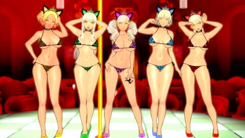 3d ann_takamaki atlus bikini blonde_hair cat_ears_hairband collar corrupted corruption dyed_hair female kasumi_yoshizawa koikatsu leopard_print looking_at_viewer lordem makoto_niijima mind_break mind_control persona persona_5 sakura_futaba shadow_(persona) shadow_self_(persona) strip_club stripper_pole sumire_yoshizawa swimsuit tan_body tan_skin tanned yellow_eyes