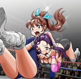 2girls catfight female long_hair menmaru original original_characters swimsuit wrestler wrestling wrestling_boots wrestling_femdom wrestling_outfit wrestling_ring wrestling_singlet wrestlingryona wristband