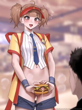 1boy 1futa bottomless boyfriend_(japanese_mcdonald's_commercial) breasts cheating_boyfriend clothed clothing cum cumdrip double_cheese_(mcdonald's) erection food_play futa_focus futanari human ikemeru19 intersex light-skinned_futa light_skin male mcdonald's mostly_clothed no_panties outdoors pants_down penis penis_out precum small_breasts solo_focus text uncensored yoru_mac