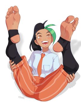 1girls 2024 alternate_version_available artist_name ass barefoot big_feet black_hair blush_stickers bottomwear breasts brown_eyes calves clothed clothed_female clothes clothing eyelashes feet feet_up female foot_fetish foot_focus front_view full_body fully_clothed green_hair hair happy hi_res human legs_apart legs_up long_hair lying lying_on_back medium_breasts multicolored_hair necktie nemona_(pokemon) open_mouth pants pokemon pokemon_sv pose posing presenting raised_leg shirt shorts signature simple_background sitting smile smiling soles solo staerk stirrup_leggings stirrup_legwear stirrup_stockings stirrup_thighhighs stirrups tan-skinned_female tan_body tan_skin teeth thighs tie toeless_legwear toes tongue topwear two-tone_hair white_background