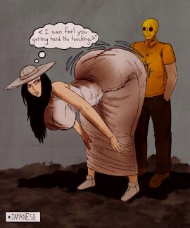 1boy 1girls annoyed annoyed_expression asian_female big_ass big_breasts black_eyes black_hair boner boner_in_pants boner_under_clothes collared_shirt dialogue dress english_text full_body fully_clothed gigantic_ass hachishakusama hands_in_pockets hands_on_knees hat japanese_female japanese_language long_hair looking_back mask masked_male masochistmaverick massive_ass massive_breasts paag pawg shorter_male talking_to_another tall_female taller_female taller_girl tight_clothing tight_fit twerking twerking_on_dick wide_brim_hat yokai