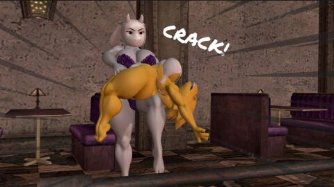 2024 2girls 3d alphys backbreaker bar boss_monster bra caprine female fighting kabalmystic lizard mmd monster ryona sound_effect sourheartrumbles text toriel underground undertale underwear wrestling