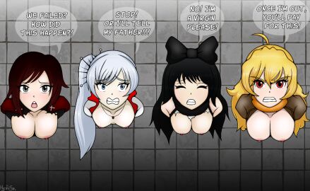 4girls angry angry_expression angry_eyes angry_face angry_sub animal_ears anus black_hair blake_belladonna blonde-haired_female blonde_female blonde_hair breasts cat_ears cat_girl catgirl closed_eyes dialogue english_text female female_only grey_eyes hyoreisan imminent_rape imminent_sex multiple_females multiple_girls naked naked_female nipples nude nude_female party_wipe ponytail public public_use pussy red_eyes ruby_rose rwby short_hair signature stuck stuck_in_wall text through_wall torn_clothes weiss_schnee white_eyes white_hair yang_xiao_long