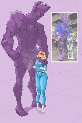 1boy 1girls armor asphyxiation blonde_hair blush blush_lines blushing bulge clenched_fist fantastic_four female galactus hand_around_neck height_difference helmet makeup male marvel marvel_comics mascara musk musk_clouds musky_cock nipple_bulge penis photo_reference running_mascara runny_makeup simple_background size_difference steaming_body sue_storm tall_male tokyoplip