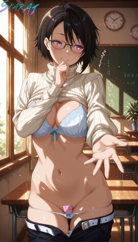 ai_generated belt black blue blush bra breasts chalkboard classroom cleavage clock clothes condom cowboy desk eyes female glasses groin hair indoors large lift lips long looking navel panties pants panty parted plant pull purple sakaguchi_hinata short shot side skarai sleeves smile solo stomach sunlight sweater tensei_shitara_slime_datta_ken that_time_i_got_reincarnated_as_a_slime the to turtleneck underwear white window