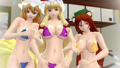 2023 3d 3girls adult_female aged_up bakeneko big_breasts bikini blonde-haired_female blue_bikini breasts brown-haired_female brown_eyes cat_tails chen cleavage female fox_tails green_hat green_headwear grown_up hati_yukkuri_mmd holding holding_arms indoors inside kemonomimi light-skinned_female light_skin long-haired_female looking_at_viewer midriff mikumikudance mmd mob_cap nine_tailed_fox open_mouth perfect_cherry_blossom purple_bikini ran_yakumo red_bowtie red_eyes shinigami smiling_at_viewer swimsuit touhou trio_focus twintails white_hat yellow_bikini yellow_eyes youkai yukari_yakumo