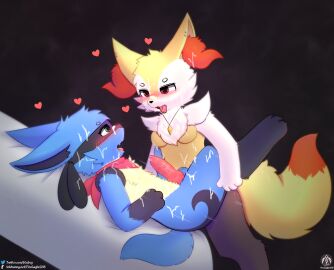absurd_res anthro blush bodily_fluids braixen breasts cum cum_on_body cum_on_face duo gay generation_4_pokemon generation_6_pokemon genital_fluids genitals hi_res jewelry knot lucario male male/male male_only necklace nintendo penetration penis pokemon pokemon_(species) scarf senz tail thrusting tongue tongue_out