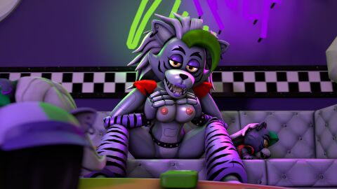 3d 4k absurd_res accurate_art_style animatronic arm_band big_breasts breasts checkered_wall disboi215 ear_piercing earrings facepaint female five_nights_at_freddy's five_nights_at_freddy's:_security_breach fnaf green_hair grey_body grey_hair helmet highres kneehighs kneesocks leaning_forward legs_spread naked neon_lights nude orange_eyes pink_nipples plush purple_lipstick pushing_breasts_together red_shoulder_pads robot roxanne_wolf_(fnaf) sfm silver_hair sitting sitting_on_couch solo source_filmmaker spiked_belt spiked_bracelet spiked_collar squeezing_breasts wrist_cuffs zebra_print