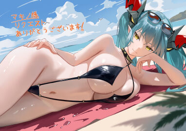 aqua_hair azur_lane bare_shoulders beach black_one-piece_swimsuit blue_hair blue_sky breasts cg cleavage closed_mouth cloud day eyewear_on_head female groin hand_on_own_hip head_rest horns large_breasts long_hair looking_at_viewer lying mechanical_horns navel ocean official_alternate_costume on_side one-piece_swimsuit outdoors pointy_ears regensburg_(azur_lane) regensburg_(dark_dragon brilliant_beach)_(azur_lane) sky slingshot_swimsuit smile solo spiked_choker spikes stomach sunglasses swimsuit thighs towel twintails yellow_eyes
