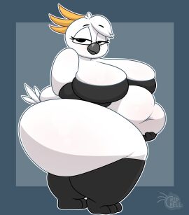 2021 avian beth_(chipchell) big_breasts bird black_bra black_eyes blonde_hair blue_background bra breasts chipchell chubby chubby_female cleavage feet female female_only furry holding_stomach looking_at_viewer obese obese_female original original_character thick_thighs thighs white_body white_feathers white_skin