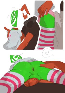 absurd_res amd anthro anus ass balls before_sex bottomless bulge clothed clothing color colored duo electronics femboy gay genitals girly green_body green_skin headphones headphones_around_neck heart_symbol hi_res humanoid kogito leggings legwear living_logo logo_parody male male/male male_only nvidia penis penis_on_butt pink_clothing pink_stripes pink_underwear programmer_socks red_body red_skin shirt spread_anus spread_ass spread_butt spreading t-shirt thigh_highs topwear twitter_link underwear white_background yaoi