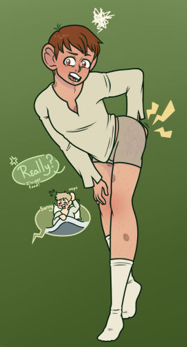 2020s 2024 2boys 5_fingers angry_vein awkwarddarknerd bed big_ears bite_mark bite_mark_on_ass bite_mark_on_shoulder bite_marks blanket blush bowl_cut brown_eyes brown_hair chilchuck_tims closed_eyes delicious_in_dungeon dialogue dialogue_bubble digital_drawing_(artwork) digital_media_(artwork) dungeon_meshi english_description english_text friends_with_benefits green_background high_res highres laios_touden leg_hair male male/male male_only neck_bite_mark open_mouth pajamas pillow rubbing_butt shortstack simple_background speech_bubble text tiptoes undershirt underwear white_socks yaoi