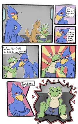 2024 3_toes 7_panel_comic amphibian anthro anthro_on_anthro arm_support avian balls beak biped bird blue_balls blue_body blue_clothing blue_penis blue_tail blue_underwear bodily_fluids border boxer_briefs boxer_briefs_only bulge canid canine closed_eyes clothed clothing comic dialogue digital_drawing_(artwork) digital_media_(artwork) ellipsis english_text exclamation_point falco_lombardi feathers feet flaccid fox fox_mccloud frog front_view fur genitals grey_background group hand_on_hip hand_on_shoulder hi_res inside kickingkeldeo looking_at_another male male/male mammal multicolored_body multicolored_skin nervous_smile nervous_sweat nintendo nude open_beak open_mouth open_underwear page_number penis purple_background question_mark red_background shove simple_background sitting slippy_toad smile smirk speech_bubble standing star_fox sweat sweatdrop tail tail_feathers tan_body tan_fur text thought_bubble toes tongue topless topless_anthro topless_male trio two-tone_body two-tone_skin underwear underwear_only white_border yellow_background yellow_beak yellow_body yellow_fur
