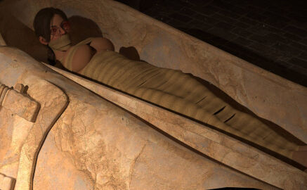 1girls 3d brown_hair female female_only gagged glasses lara_croft mummification mummy_wrappings rendereddefenseless solo sunglasses tinted_eyewear tomb_raider