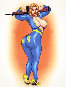 1girls 2025 2d 2d_(artwork) ass assault_rifle bethesda_softworks big_ass big_breasts blonde_hair blue_eyes breasts fallout female female_only g3 gun high_heels human human_only looking_at_viewer looking_back mommylexis_(artist) nipple_bulge no_artist_signature no_bra no_sex pinup pose questionable r91_assault_rifle realistic_proportions rifle short_hair smile smiling_at_viewer solo solo_female weapon