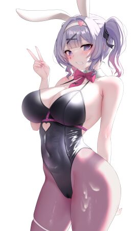 1girls aqua_eyes aqua_hair bare_shoulders big_breasts blush bowtie breasts bunny_costume bunnysuit cameltoe cleavage clenched_teeth collar cum cum_on_body cum_on_leg cum_on_lower_body cum_on_thighs disgusted fake_rabbit_ears female female_only gweda hair_ribbon hatsune_miku highres hips large_breasts leotard light-skinned_female light_skin looking_at_viewer medium_hair mv_character navel_visible_through_clothes pantyhose peace_sign pussy rabbit_hole_(deco*27/caststation) rabbit_hole_(vocaloid) solo standing thigh_strap thighs twintails v v_sign vocaloid white_background wide_hips