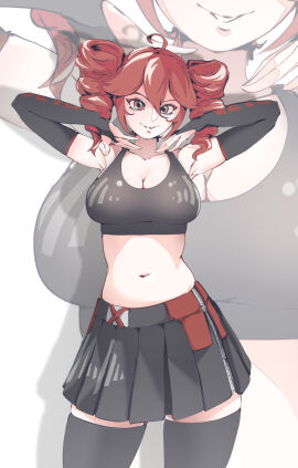 1girls 2d 2d_(artwork) absolute_territory ahoge armpits arms_up armwear belly big_breasts breasts cleavage exposed_belly exposed_torso female female_only kasane_teto kasane_teto_(voicepeak) large_breasts mandragora_(artist) navel red_eyes red_hair skirt solo solo_female sports_bra thick_thighs thighhighs thighs topwear twin_drills utau voicepeak white_background wide_hips