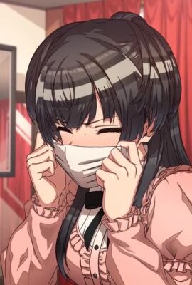 ai_generated bangs black_hair black_neckwear black_ribbon blunt_bangs brown_eyes cum cum_in_mask cum_under_mask cum_wearing_(mask) erere eyebrows_visible_through_hair female fingernails frilled_shirt frilled_sleeves frills holding holding_mask idolmaster idolmaster_shiny_colors indoors long_fingernails long_hair looking_at_viewer mask mask_removed mayuzumi_fuyuko mouth_mask neck_ribbon pink_shirt ribbon shirt smell sniff solo straight tagme two_side_up v-shaped_eyebrows video
