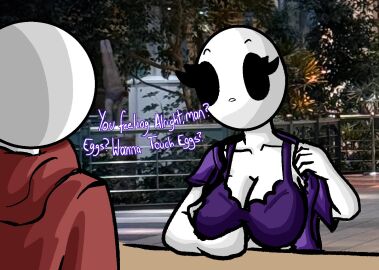 1boy 1boy1girl 1girls alternate_version_available asking_a_question bald bald_female bald_male black_eyes boobs?_wanna_touch_boobs? bra breasts breasts_out chetoh claire_(chetoh) cleavage egg eggmale english_text female female_focus hoodie male oc open_mouth original original_characters photo_background purple_bra red_hoodie trees white_body