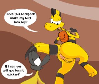 2025 ambiguous_gender anthro anus ass backpack backpack_only big_ass big_butt biped black_markings dialogue dinosaur dot_eyes duo english_text female genitals gloves_(marking) half-closed_eyes hi_res leg_markings looking_at_another looking_at_own_butt markings narrowed_eyes not_a_furfag open_mouth ornithischian ornithopod prehistoric_species pussy reptile scalie simple_background simple_eyes speech_bubble tail tail_markings text tongue vulva yellow_body zniw zniw_adventure