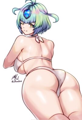;) alternate_costume ass back bare_shoulders big_ass bikini breasts closed_mouth female fire_emblem fire_emblem_heroes goddess gradient_hair green_hair grey_hair halterneck highres large_breasts looking_at_viewer looking_back lying multicolored_hair on_stomach one_eye_closed purple_hair rotomdocs seidr_(fire_emblem) short_hair sideboob skindentation smile solo string_bikini swimsuit the_pose twitter_username underboob white_background white_bikini yellow_eyes