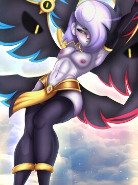 1boy angel angel_wings ass black_and_white_hair black_stockings blush bomlyl brawl_stars dark_angel_edgar_(brawl_stars) edgar_(brawl_stars) femboy gay hair hair_over_one_eye looking_at_viewer male male_only nipples rings smile solo solo_focus solo_male stockings stomach supercell thick_thighs thighs white_body yellow_eyes