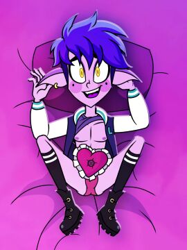 1boy bed elf eyeshadow felux femboy looking_at_viewer luvboy_(teen-z) male male_only panties partially_clothed pierced_ear piercing pink_panties pov shirt_lift shoes socks solo solo_male teen-z