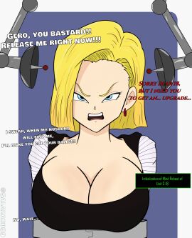 android_18 angry before_transformation blonde_hair blue_eyes brain_drain breasts comic dialogue dragon_ball dragon_ball_z english_text female mind_break mind_hack pre-transformation restrained salazaru tech_control text transformation