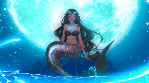 breasts cogamori color colored ebony female long_hair medium_breasts merfolk mermaid mermaid_girl mermaid_tail tagme tan_body tan_skin unknown_character