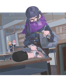 3girls absurdres bag black-framed_eyewear black_thighhighs blue_bag blue_jacket blue_skirt brown_eyes cellphone classroom clothes_lift clothing_aside corner_masturbation crotch_rub desk female female_masturbation female_pubic_hair glasses highres holding holding_phone inuyama_aoi jacket kagamihara_nadeshiko kailangxiaob leg_up lifted_by_self looking_down masturbation multiple_females multiple_girls oogaki_chiaki outside_border panties panties_aside phone pleated_skirt pubic_hair public public_indecency purple_hair purple_scarf pussy scarf school_bag school_desk skirt skirt_lift smartphone solo_focus sunny_bitch table_humping thighhighs underwear white_panties winter_clothes yurucamp