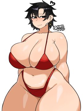 1girls akira404040 asian_female beauty_mark bikini breasts busty chubby cleavage female female_only huge_ass huge_breasts huge_thighs light-skinned_female light_skin mature_female milf neru_(akira404040) red_bikini thick thick_ass thick_thighs wide_hips
