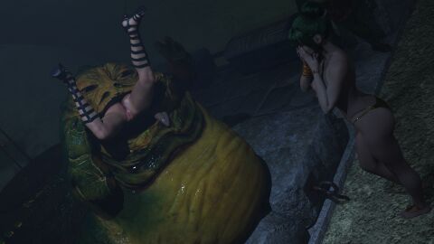2girls 3d alexbridger anus bikini_bottom breasts covering_mouth devouring_body eating female female_prey green_hair hair_bun harem harem_girl hutt jabba's_palace jabba_the_hutt large_breasts minna_star_wars no_panties pussy sandals scared slave slave_girl slave_outfit star_wars topless upskirt voluptuous vore
