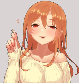 breasts c3momo chinese_commentary commentary_request condom female grey_background heart highres holding holding_condom large_breasts licking_lips long_hair long_sleeves looking_at_viewer orange_hair original red_eyes simple_background single_off_shoulder solo sweater tongue tongue_out upper_body used_condom yellow_sweater