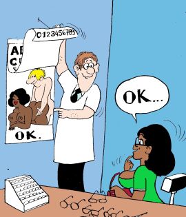 anticipation big_breasts breasts dark-skinned_female dark_skin ebony female fully_clothed glasses imminent_sex interracial inviting_to_sex light-skinned_male light_skin male pale-skinned_male pale_skin