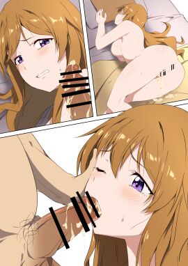 1boy absurdres after_sex ass bar_censor blush breasts brown_hair censored censored_anus clenched_teeth completely_nude cum cum_in_pussy cum_inside cum_on_bed cum_on_body cum_on_legs cum_on_penis cumdrip fellatio female hand_on_another's_face highres irrumatio konoe_kanata large_breasts long_hair looking_at_penis love_live! love_live!_nijigasaki_high_school_idol_club male male_pubic_hair multiple_views nude on_bed one_eye_closed oral penis pillow pillow_grab pubic_hair purple_eyes pussy straight sweat tearing_up teeth tongue wavy_mouth zasshoku_ojisan