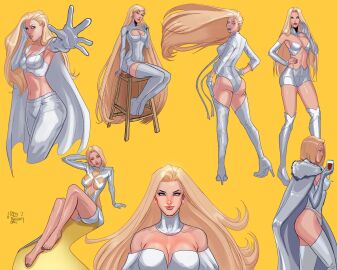 ass barefoot blonde_hair boots breasts cleavage_cutout elbow_gloves emma_frost female fur_trim gloves hair_intakes high_heel_boots leotard lips long_hair marvel marvel_comics medium_breasts medium_hair official_alternate_costume redrollerball revealing_clothes short_dress simple_background sitting smile standing thigh_boots very_long_hair white_background white_boots white_cape white_footwear white_leotard white_pants x-men