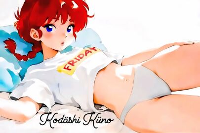 1girls bed blue-eyed_female blue_eyes blue_pillow blush blushing_at_viewer blushing_female braided_hair casual_clothes clothing female female_only genderswap genderswap_(mtf) hand_on_leg kodashi_kuno legs_open looking_at_viewer medium-haired_female medium_hair on_bed open_eyes open_legs panties pillow ranma-chan ranma_1/2 ranma_saotome red-haired_female red_hair remastered rule_63 shirt solo solo_female solo_focus teenage_female teenager thick_legs thick_thighs thighs upscaled white_background white_bed_sheet white_panties white_shirt young young_female younger_female