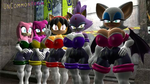 3d 3d_model 5girls bat_wings big_breasts black_hair blaze_the_cat blaze_the_cat_(kabalmystic) blue_eyes breasts cleavage fan_character female honey_the_cat honey_the_cat_(kabalmystic) kabalmystic kabalmystic_(style) large_breasts mobian mobian_(species) mobian_bat oc orange_eyes pink_hair purple_hair rco810 rouge_the_bat rouge_the_bat_(cosplay) rouge_the_bat_(kabalmystic) sega sonic_(series) sonic_adventure_2 sonic_oc sonic_the_hedgehog_(series) thigh_boots uncommontech white_hair wide_hips wings yellow_eyes