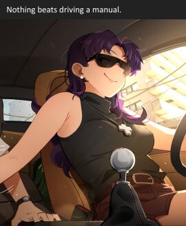 1boy 1girls 2025 2d 2d_(artwork) adult_and_teenager adult_female age_difference black_clothing breasts car car_interior clothed_female clothed_male comedic comedy cross_necklace day daytime english_text erect_nipples female female_focus fully_clothed funny gear_stick handjob human human_female human_male human_only implied_handjob implied_outercourse innuendo khyleri light-skinned_female light-skinned_male light_skin long_hair looking_at_partner male male_protagonist meme misato_katsuragi neon_genesis_evangelion nipples nipples_visible_through_clothing no_sex not_ai_generated offscreen_handjob older_female older_female_and_younger_male purple_hair questionable realistic_breast_size shinji_ikari sleeveless smile sunglasses teenage_male text tinted_eyewear very_long_hair violet_hair wavy_hair younger_male