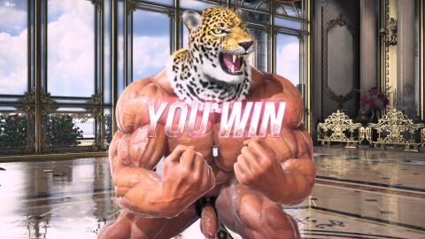 1boy 3d 3d_(artwork) 3d_model bandai_namco bara dog_tags flaccid indoor_nudity indoors jaguar_mask king_(tekken) male male_only masculine masculine_male muscles muscular muscular_chest muscular_male nude probablybottom pubic_hair solo tekken tekken_8 veiny victory_pose wrestler yaoi