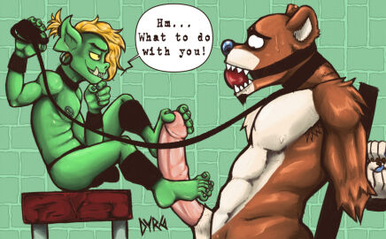 5_toes abs anthro ball_gag barefoot bear big_penis blonde_hair bodily_fluids bondage bound brown_body brown_fur bulge clothed clothing collar digital_media_(artwork) duo ear_piercing ear_ring erection feet fingers foot_fetish foot_play footjob fur gag gagged genitals goblin green_body green_skin hair hands_tied humanoid humanoid_feet humanoid_genitalia humanoid_hands humanoid_penis humanoid_pointy_ears jockstrap jockstrap_only lazertooth leash male male/male mammal nipple_piercing nipples nude open_mouth pecs penis piercing plantigrade ring_piercing sex sitting smile sweat sweatdrop toes topless two-footed_footjob underwear underwear_only