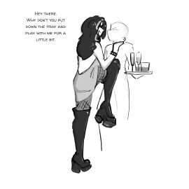 1boy 1girls black_and_white blush boot_fetish boots celera_prime choker dominant_female dominatrix english english_text female femdom femdom_caption fishnet_legwear fishnet_pantyhose fishnet_stockings fishnet_thighhighs fishnets foot_fetish footwear gentle_femdom gentle_mommy goth goth_girl long_hair male monochrome original original_character original_characters seducing seductive seductive_pose shoe_fetish shoes submissive_male tease teasing thigh_boots thighhigh_boots thighhighs waiter waiter_tray
